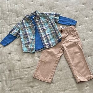 Old Navy 24M Boys Blue and Green Plaid Kids Shirt with Tan Pants Outfit